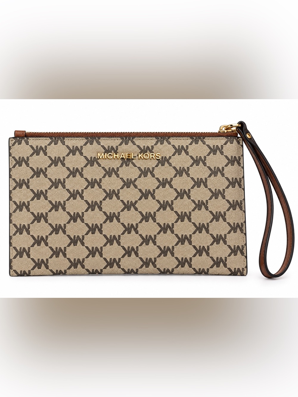 Michael Kors MK Signature Logo Wristlet Clutch Brown Beige